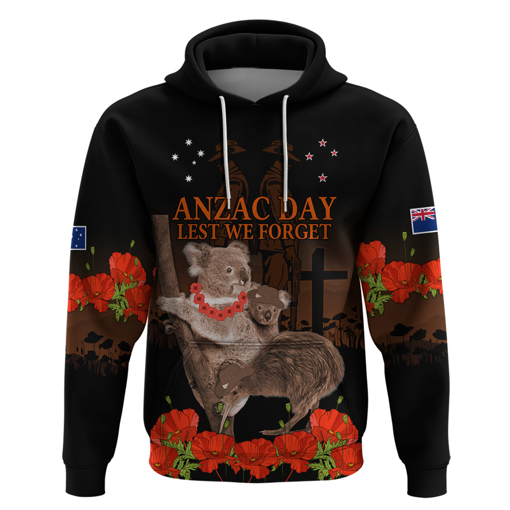 Koala and Kiwi Bird ANZAC Day Custom Hoodie Soldier Style LT9 Pullover Hoodie Black - Polynesian Pride