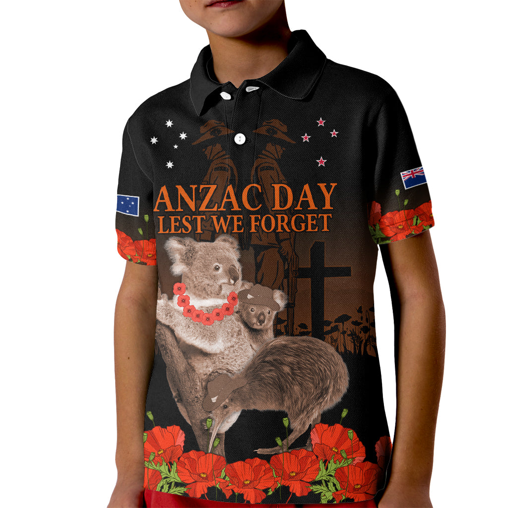 Koala and Kiwi Bird ANZAC Day Custom Kid Polo Shirt Soldier Style LT9 Kid Black - Polynesian Pride