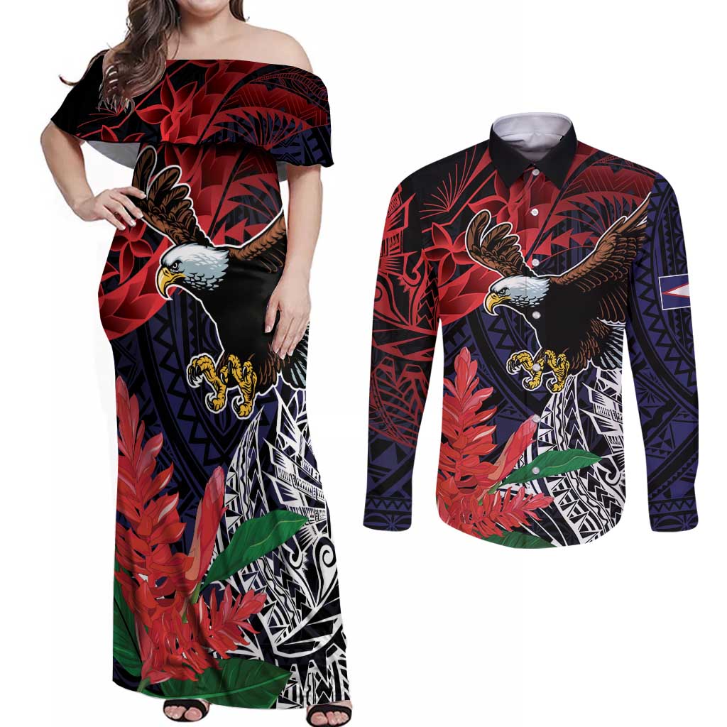 American Samoa Bald Eagle Personalized Couples Matching Off Shoulder Maxi Dress and Long Sleeve Button Shirt Samoa Muamua Le Atua