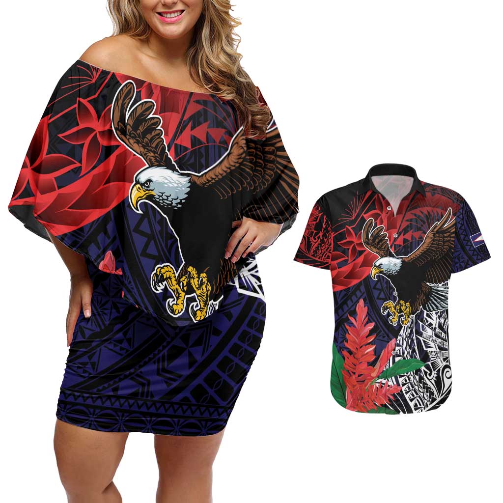 American Samoa Bald Eagle Personalized Couples Matching Off Shoulder Short Dress and Hawaiian Shirt Samoa Muamua Le Atua