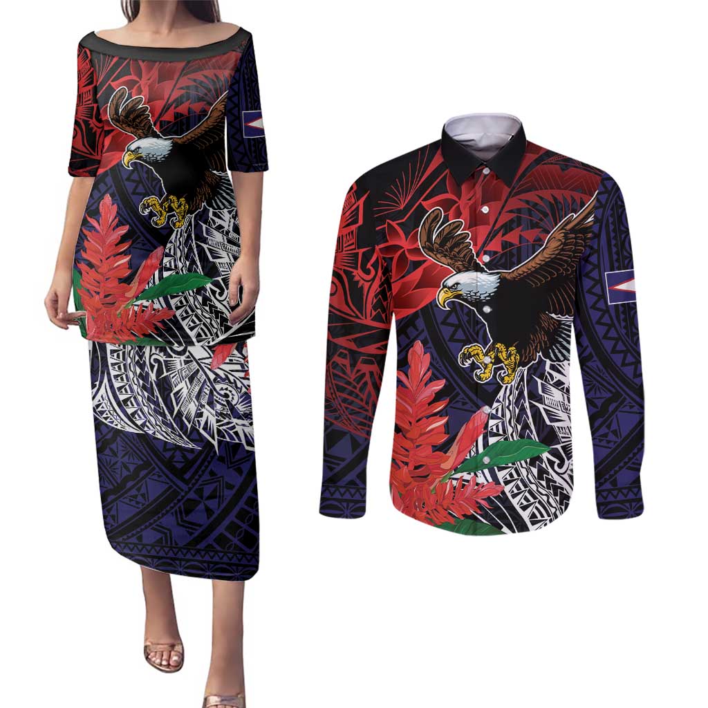 American Samoa Bald Eagle Personalized Couples Matching Puletasi and Long Sleeve Button Shirt Samoa Muamua Le Atua