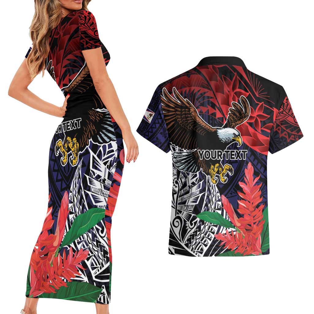American Samoa Bald Eagle Personalized Couples Matching Short Sleeve Bodycon Dress and Hawaiian Shirt Samoa Muamua Le Atua