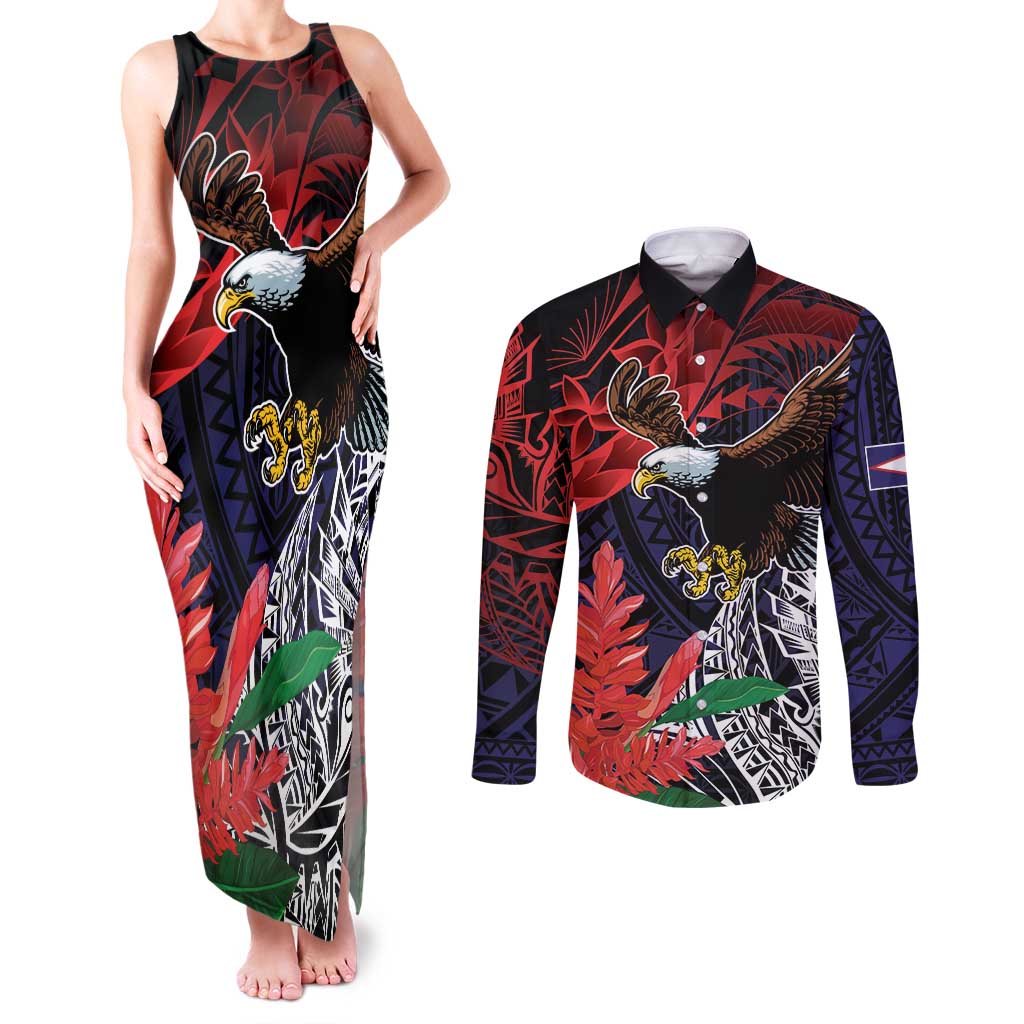 American Samoa Bald Eagle Personalized Couples Matching Tank Maxi Dress and Long Sleeve Button Shirt Samoa Muamua Le Atua