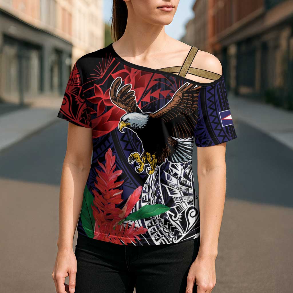 American Samoa Bald Eagle Personalized Cross Shoulder Shirt Samoa Muamua Le Atua - Polynesian Pride