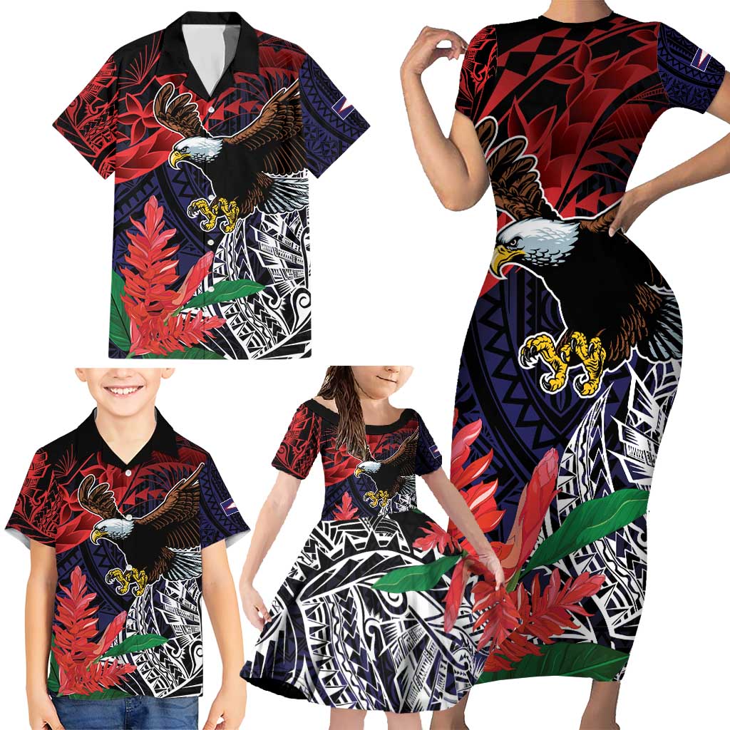American Samoa Bald Eagle Personalized Family Matching Short Sleeve Bodycon Dress and Hawaiian Shirt Samoa Muamua Le Atua