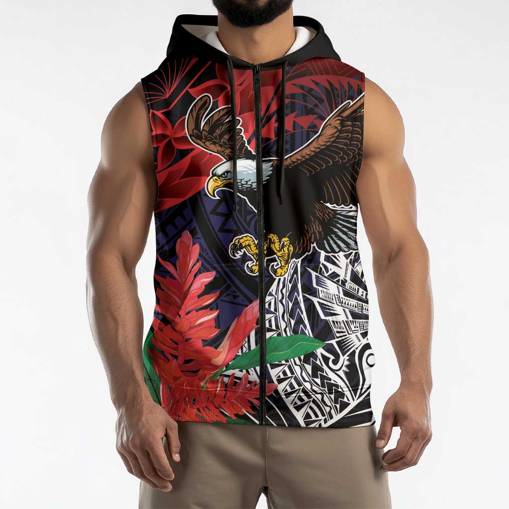 American Samoa Bald Eagle Personalized Sleeveless Zip Hoodie Samoa Muamua Le Atua LT9