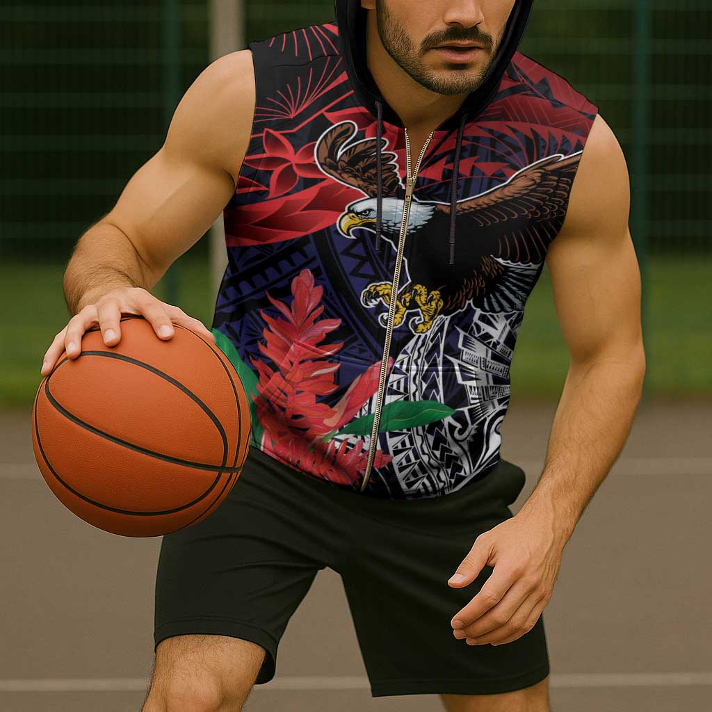 American Samoa Bald Eagle Personalized Sleeveless Zip Hoodie Samoa Muamua Le Atua - Polynesian Pride