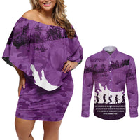 Anzac Day Gallipoli Personalised Couples Matching Off Shoulder Short Dress and Long Sleeve Button Shirt Purple Poppy Flowers LT9 Purple - Polynesian Pride
