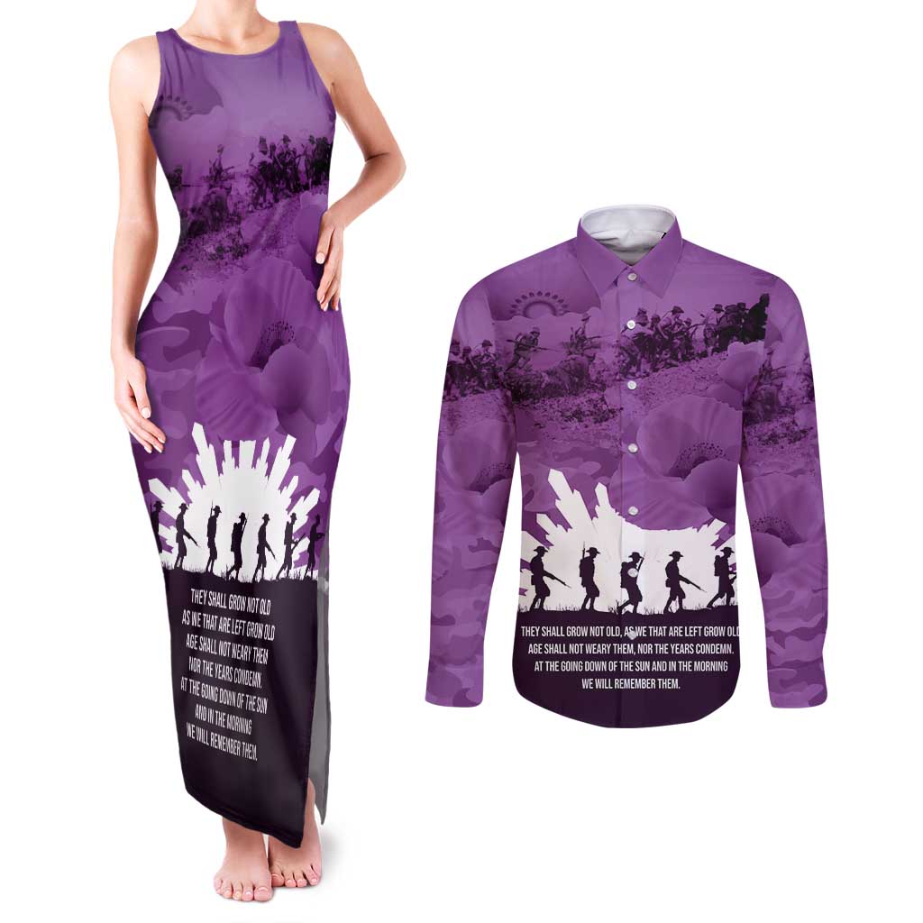 Anzac Day Gallipoli Personalised Couples Matching Tank Maxi Dress and Long Sleeve Button Shirt Purple Poppy Flowers LT9 Purple - Polynesian Pride