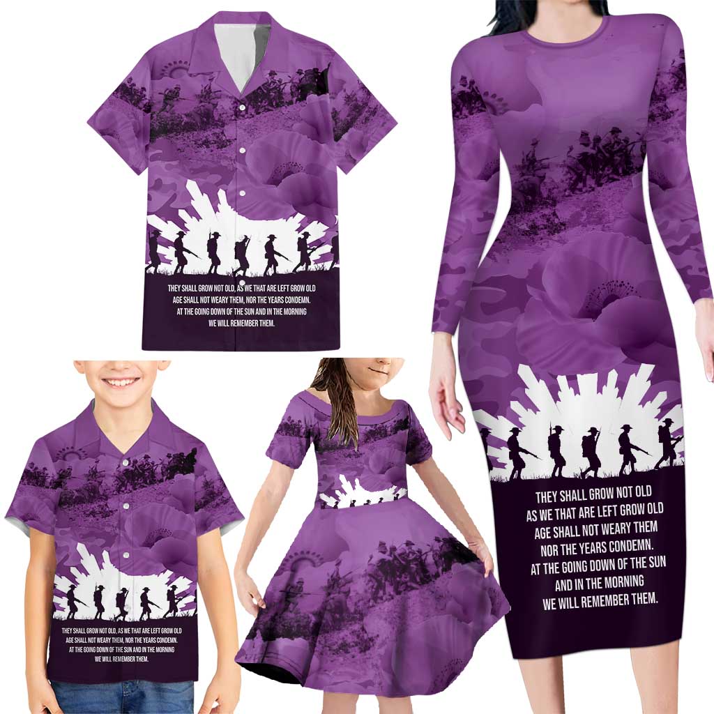 Anzac Day Gallipoli Personalised Family Matching Long Sleeve Bodycon Dress and Hawaiian Shirt Purple Poppy Flowers LT9 - Polynesian Pride
