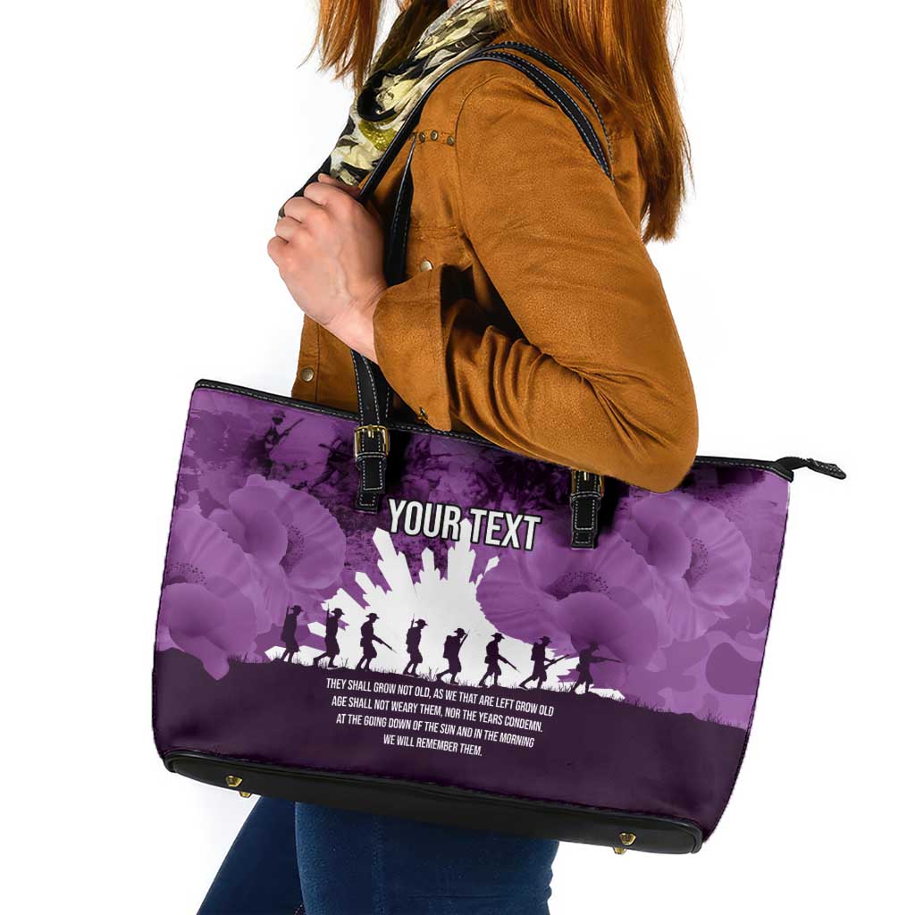 Anzac Day Gallipoli Personalised Leather Tote Bag Purple Poppy Flowers