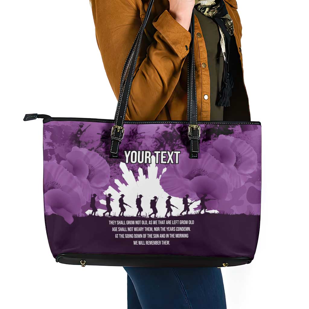 Anzac Day Gallipoli Personalised Leather Tote Bag Purple Poppy Flowers