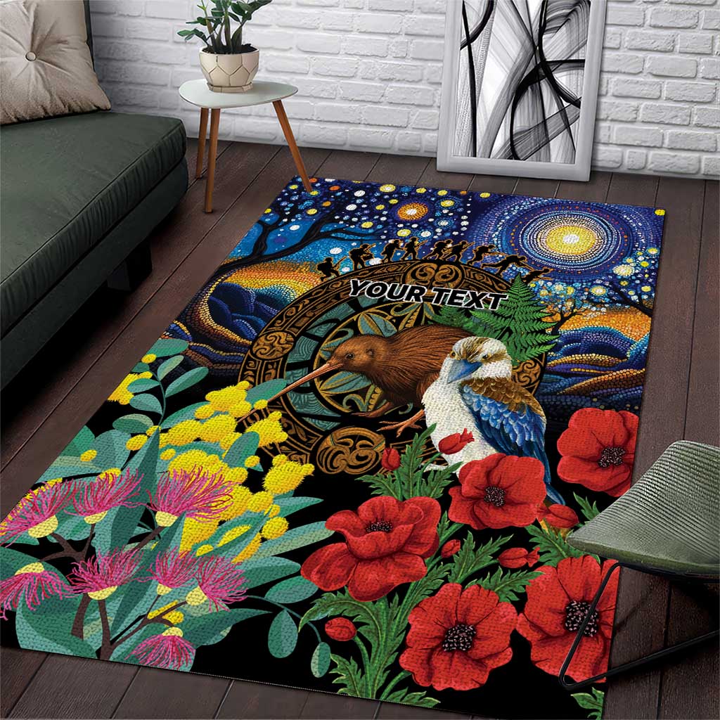 Kiwi-Kookaburra Bird ANZAC Personalised Area Rug Aussie Golden Wattle Poppy Flowers