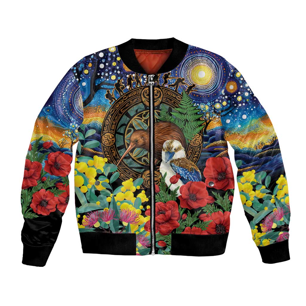Kiwi-Kookaburra Bird ANZAC Personalised Bomber Jacket Aussie Golden Wattle Poppy Flowers