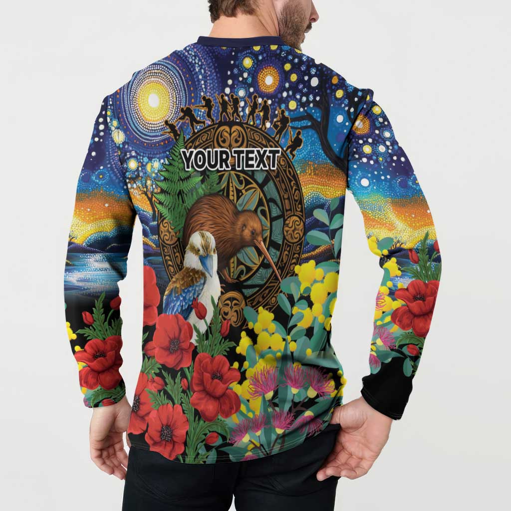 Kiwi-Kookaburra Bird ANZAC Personalised Button Sweatshirt Aussie Golden Wattle Poppy Flowers