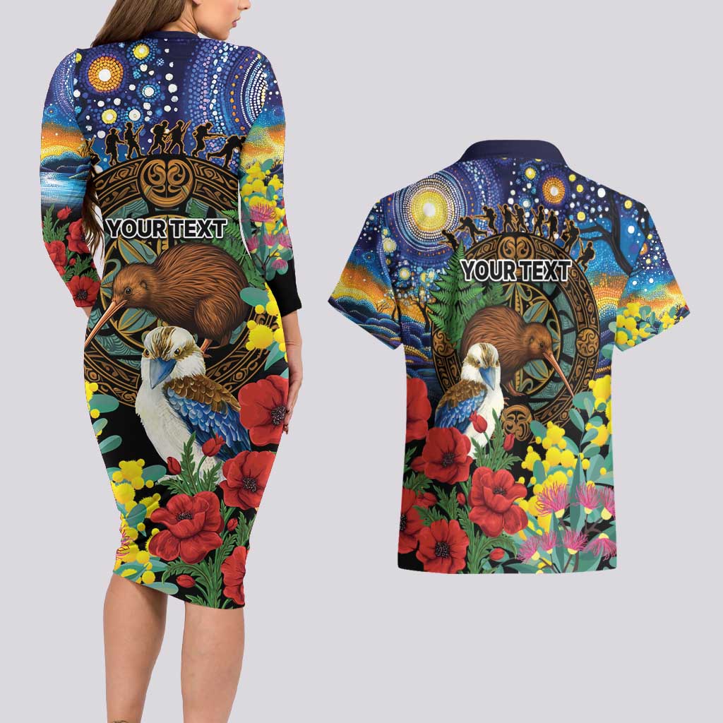 Kiwi-Kookaburra Bird ANZAC Personalised Couples Matching Long Sleeve Bodycon Dress and Hawaiian Shirt Aussie Golden Wattle Poppy Flowers