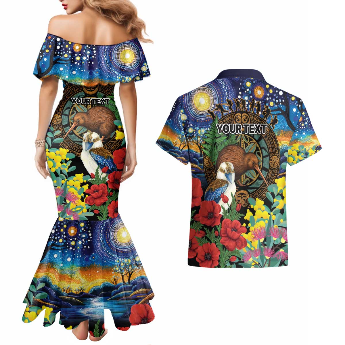 Kiwi-Kookaburra Bird ANZAC Personalised Couples Matching Mermaid Dress and Hawaiian Shirt Aussie Golden Wattle Poppy Flowers