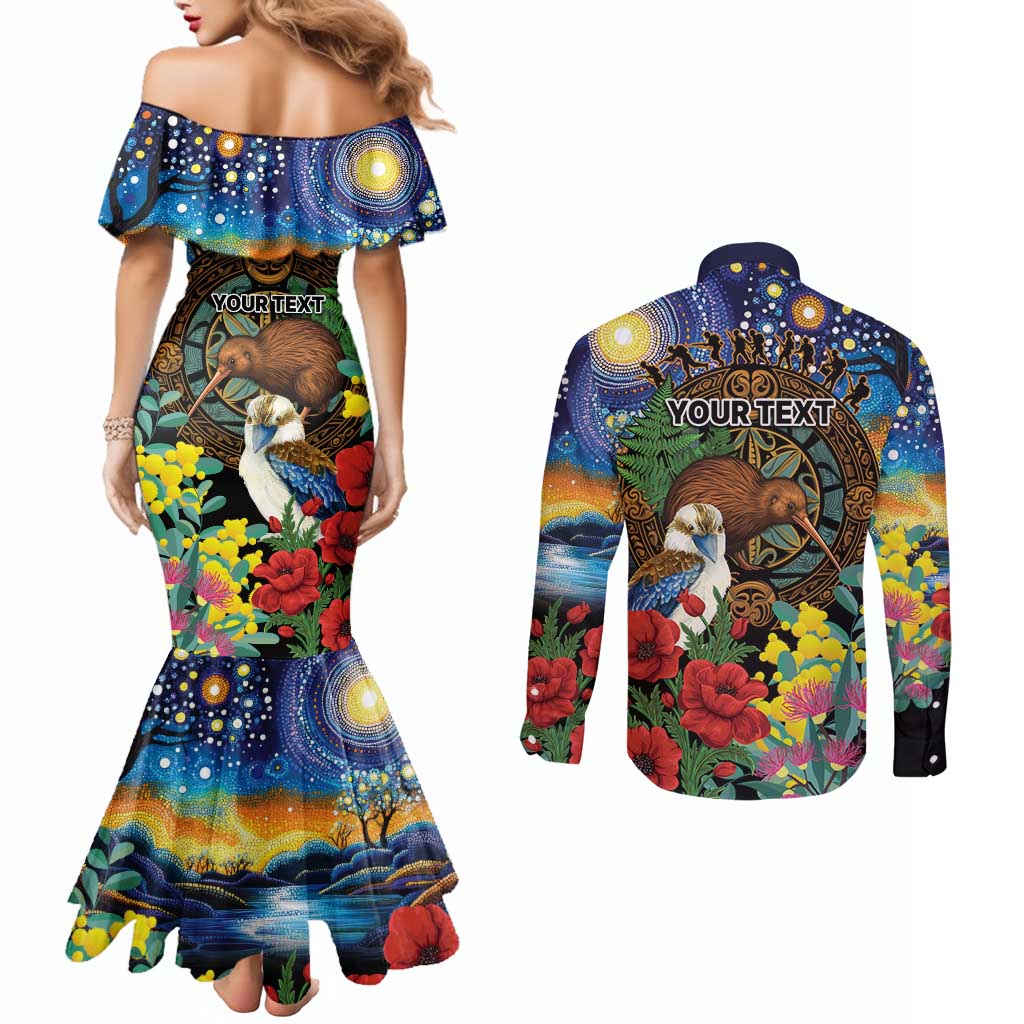 Kiwi-Kookaburra Bird ANZAC Personalised Couples Matching Mermaid Dress and Long Sleeve Button Shirt Aussie Golden Wattle Poppy Flowers