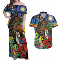 Kiwi-Kookaburra Bird ANZAC Personalised Couples Matching Off Shoulder Maxi Dress and Hawaiian Shirt Aussie Golden Wattle Poppy Flowers
