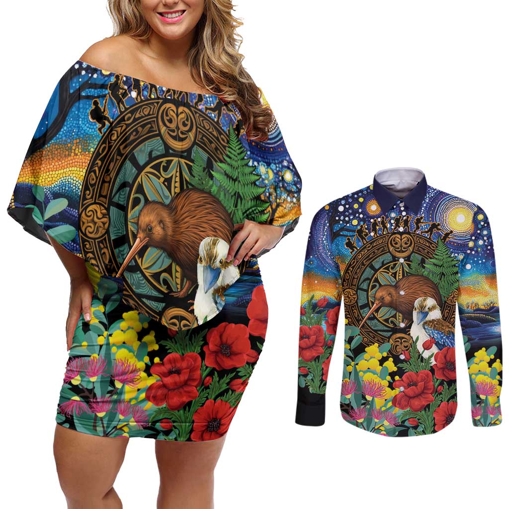 Kiwi-Kookaburra Bird ANZAC Personalised Couples Matching Off Shoulder Short Dress and Long Sleeve Button Shirt Aussie Golden Wattle Poppy Flowers