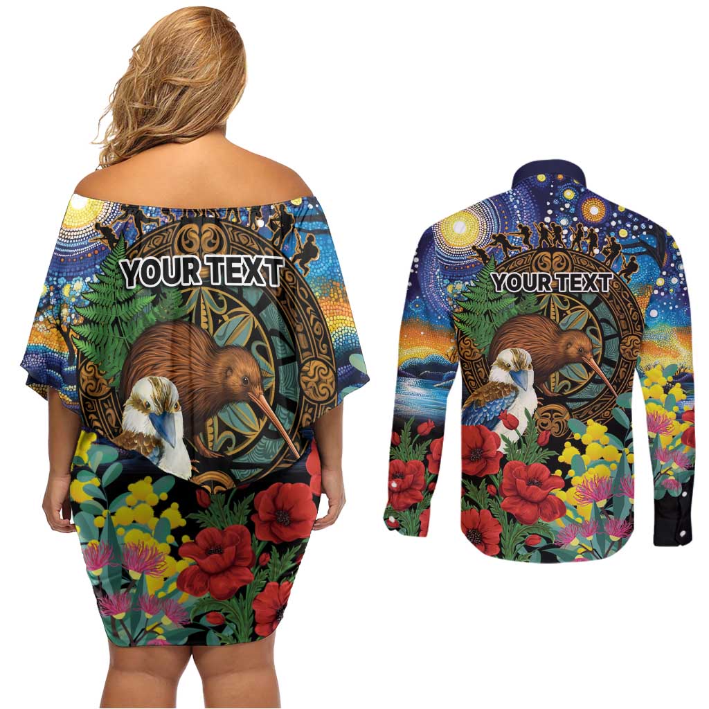 Kiwi-Kookaburra Bird ANZAC Personalised Couples Matching Off Shoulder Short Dress and Long Sleeve Button Shirt Aussie Golden Wattle Poppy Flowers