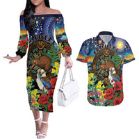 Kiwi-Kookaburra Bird ANZAC Personalised Couples Matching Off The Shoulder Long Sleeve Dress and Hawaiian Shirt Aussie Golden Wattle Poppy Flowers