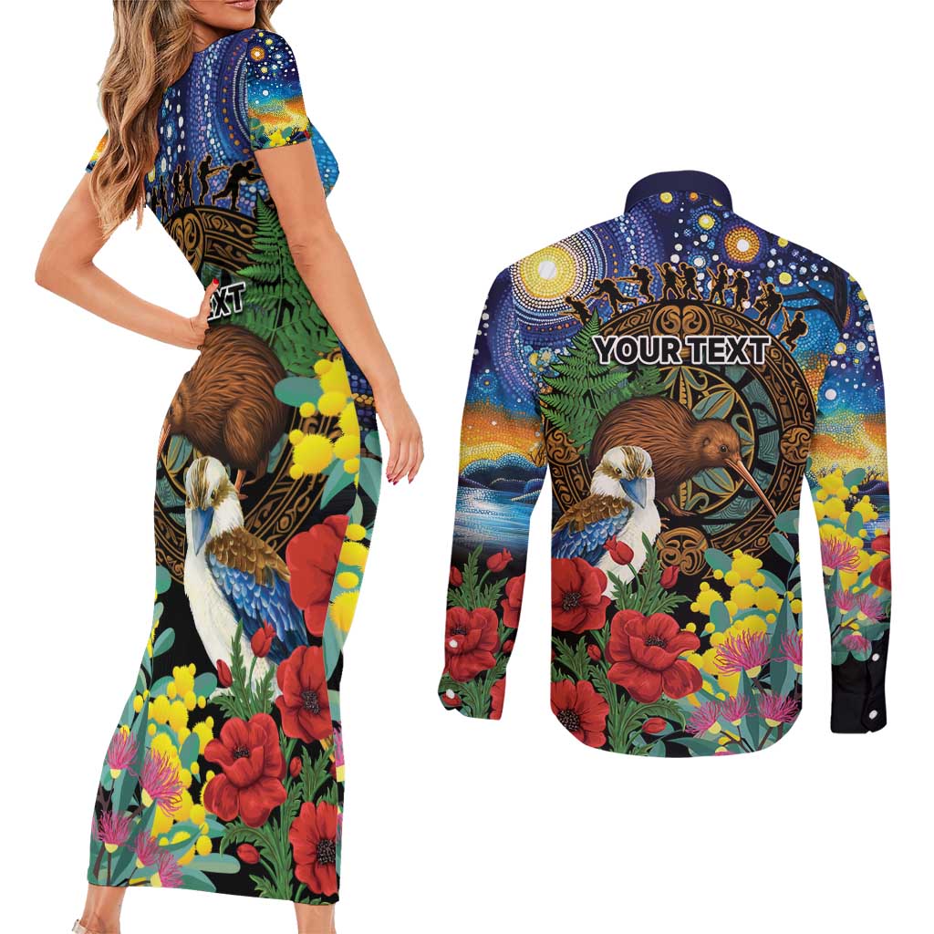 Kiwi-Kookaburra Bird ANZAC Personalised Couples Matching Short Sleeve Bodycon Dress and Long Sleeve Button Shirt Aussie Golden Wattle Poppy Flowers