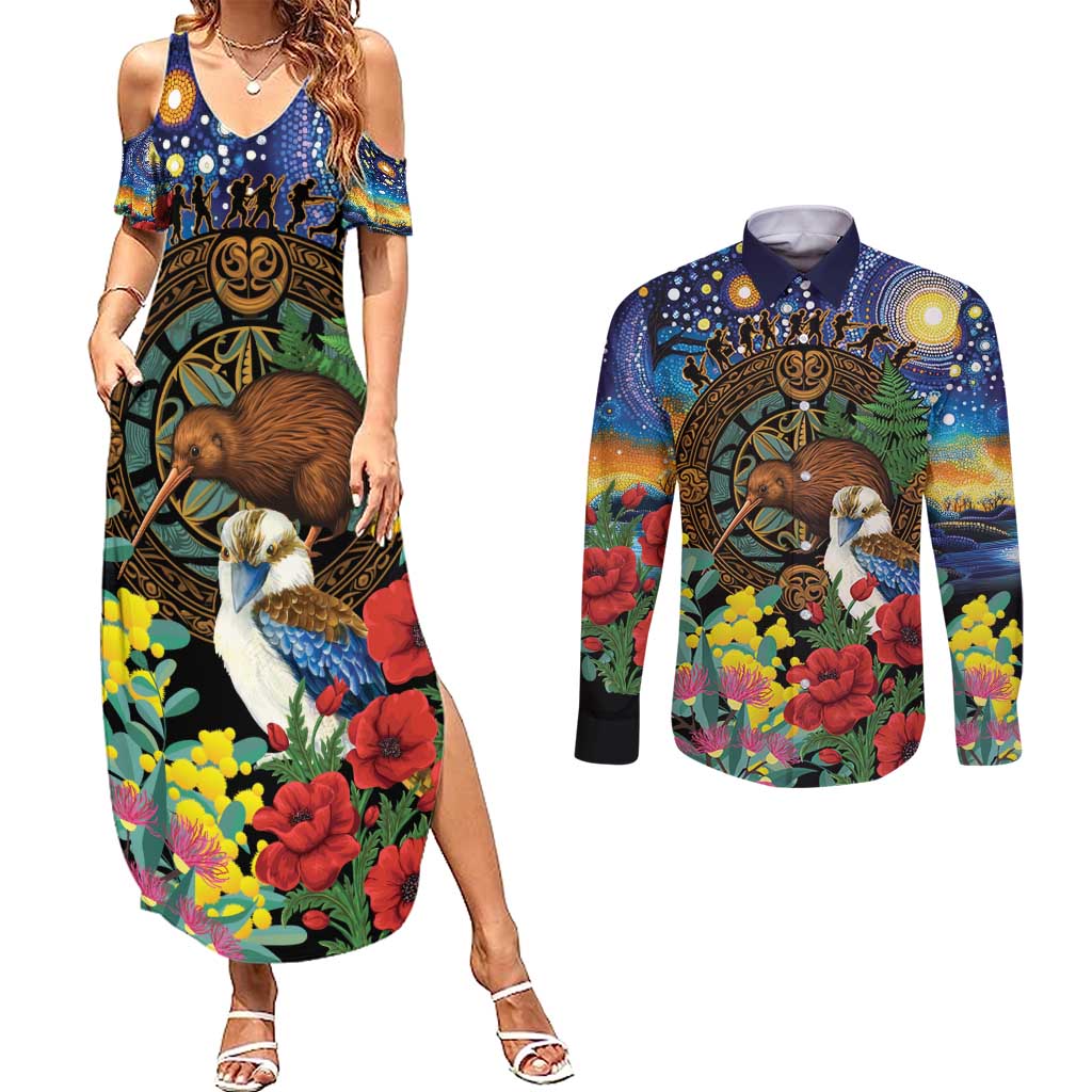 Kiwi-Kookaburra Bird ANZAC Personalised Couples Matching Summer Maxi Dress and Long Sleeve Button Shirt Aussie Golden Wattle Poppy Flowers