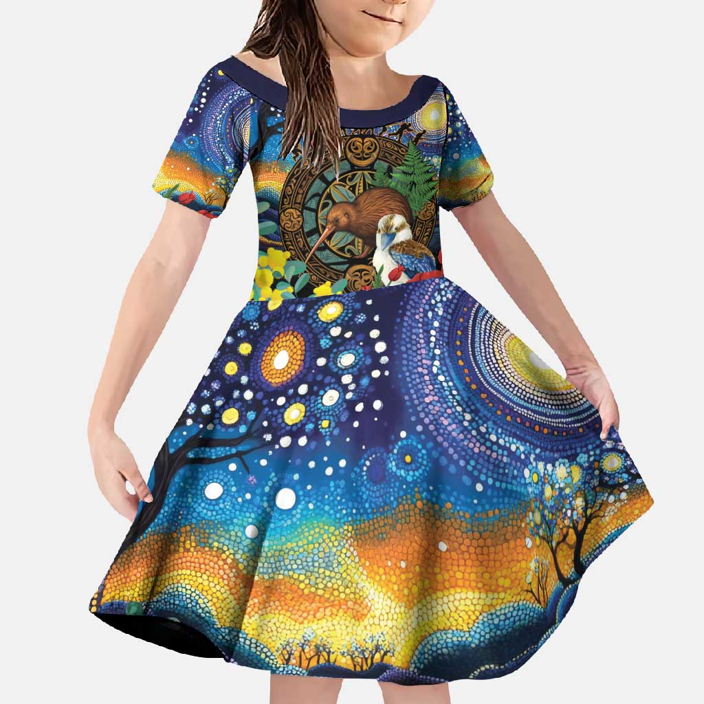 Kiwi-Kookaburra Bird ANZAC Personalised Family Matching Long Sleeve Bodycon Dress and Hawaiian Shirt Aussie Golden Wattle Poppy Flowers