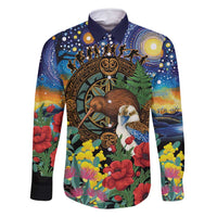 Kiwi-Kookaburra Bird ANZAC Personalised Family Matching Long Sleeve Bodycon Dress and Hawaiian Shirt Aussie Golden Wattle Poppy Flowers