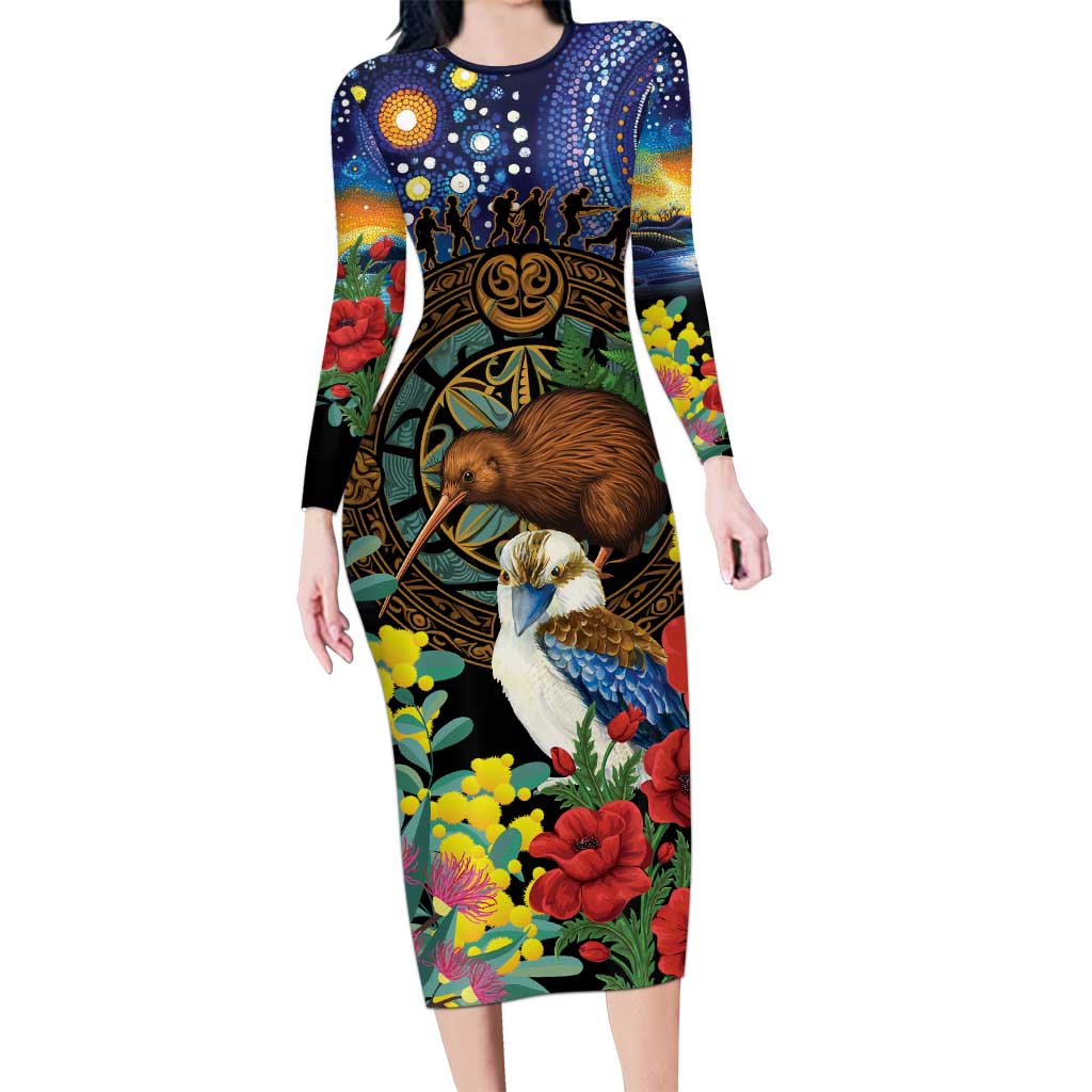 Kiwi-Kookaburra Bird ANZAC Personalised Family Matching Long Sleeve Bodycon Dress and Hawaiian Shirt Aussie Golden Wattle Poppy Flowers