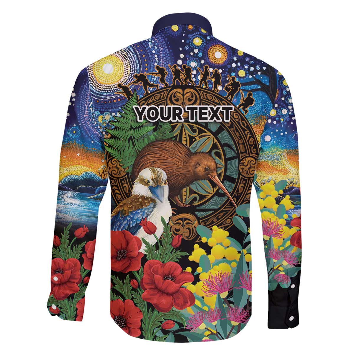 Kiwi-Kookaburra Bird ANZAC Personalised Family Matching Off The Shoulder Long Sleeve Dress and Hawaiian Shirt Aussie Golden Wattle Poppy Flowers