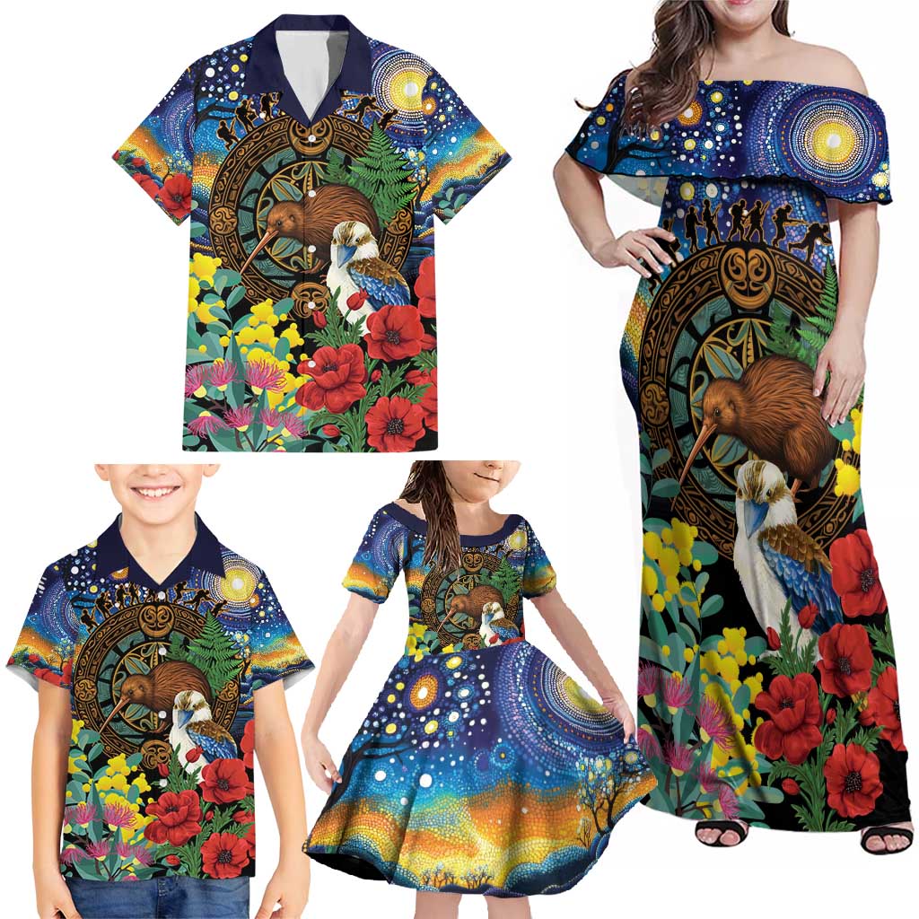 Kiwi-Kookaburra Bird ANZAC Personalised Family Matching Off Shoulder Maxi Dress and Hawaiian Shirt Aussie Golden Wattle Poppy Flowers