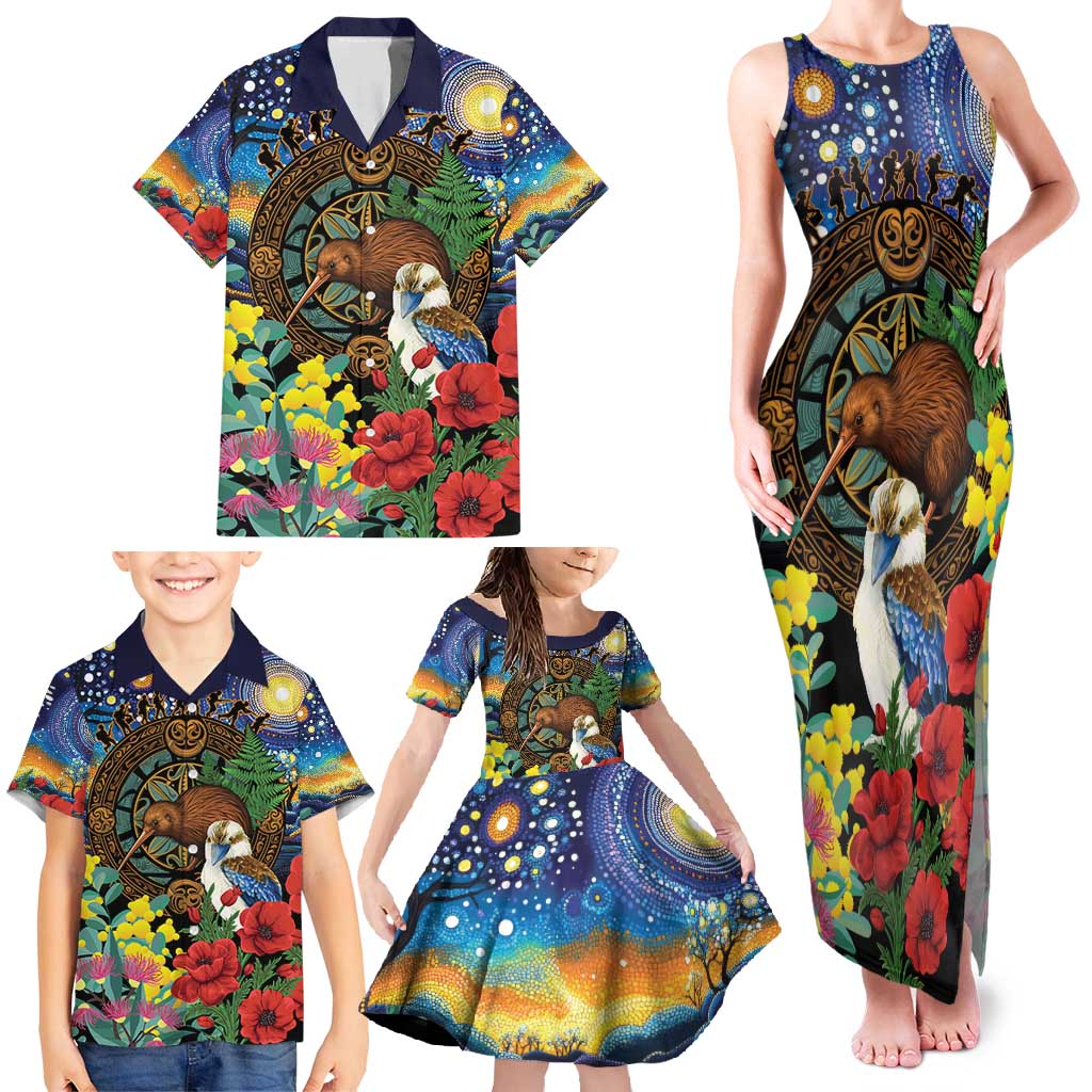 Kiwi-Kookaburra Bird ANZAC Personalised Family Matching Tank Maxi Dress and Hawaiian Shirt Aussie Golden Wattle Poppy Flowers