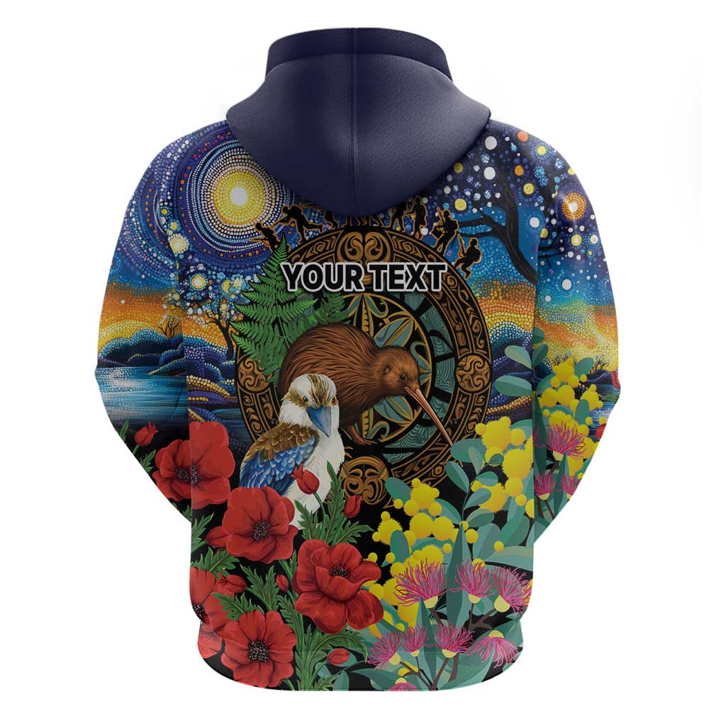 Kiwi-Kookaburra Bird ANZAC Personalised Hoodie Aussie Golden Wattle Poppy Flowers