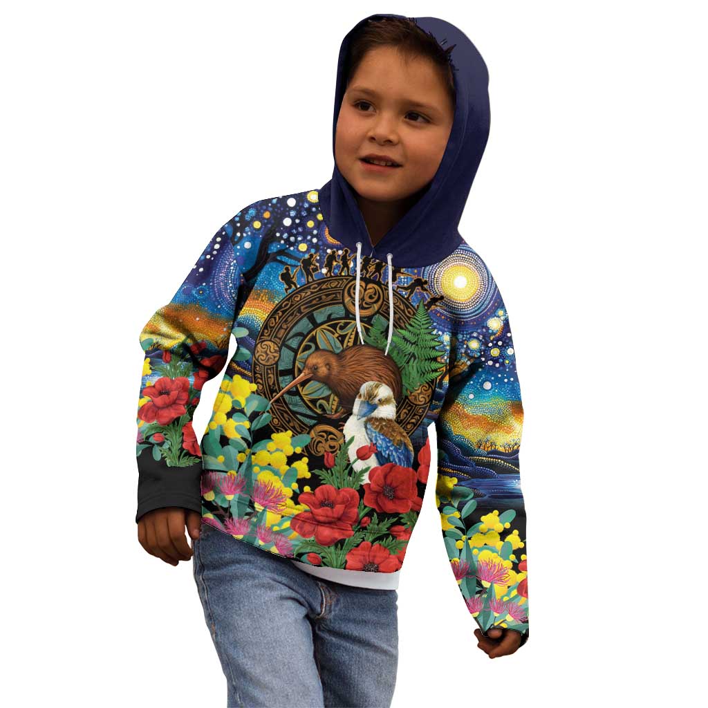 Kiwi-Kookaburra Bird ANZAC Personalised Kid Hoodie Aussie Golden Wattle Poppy Flowers