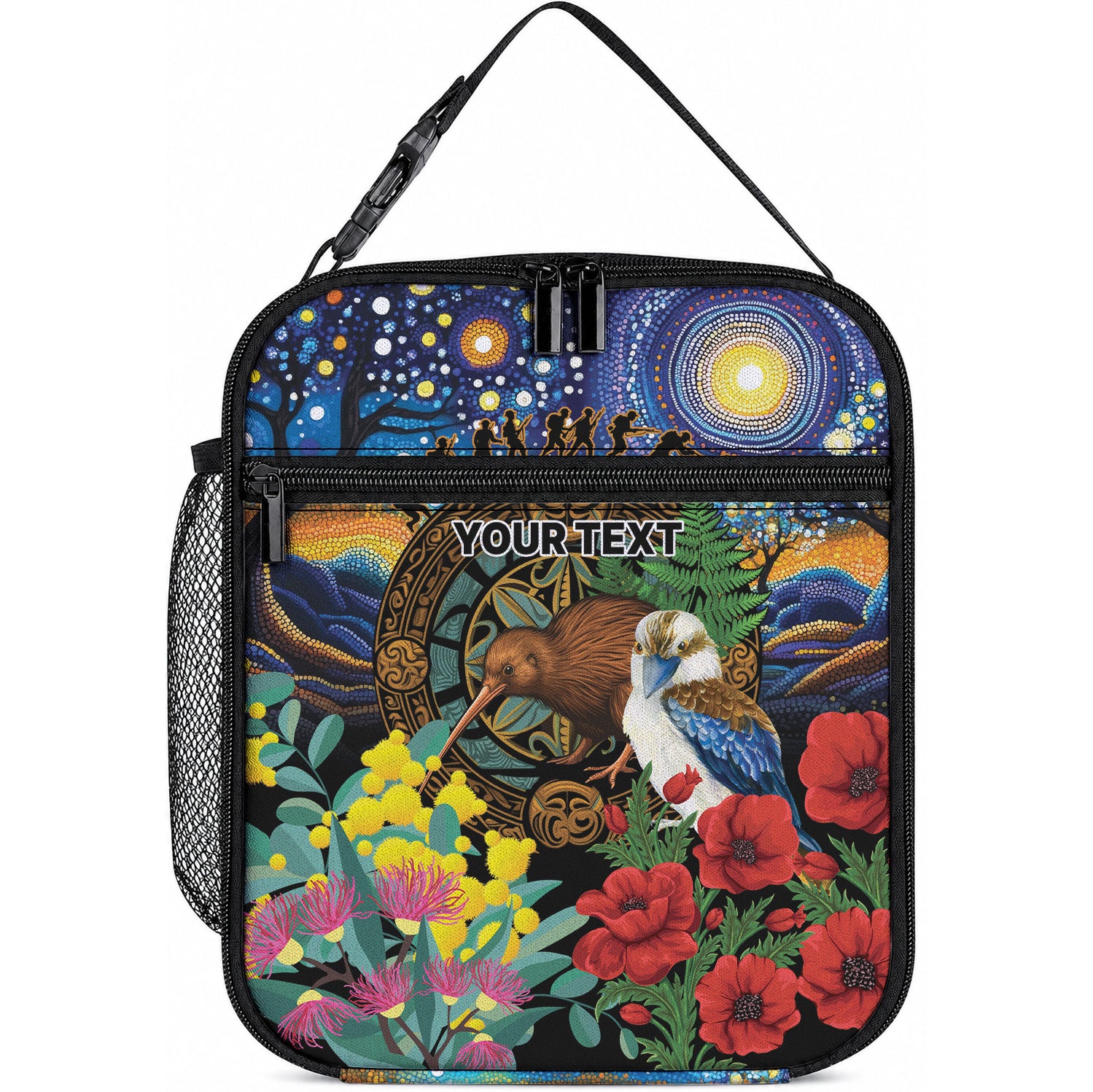 Kiwi-Kookaburra Bird ANZAC Personalised Lunch Bag Aussie Golden Wattle Poppy Flowers LT9 10.2 × 8.3 × 4.3 inch Blue - Polynesian Pride