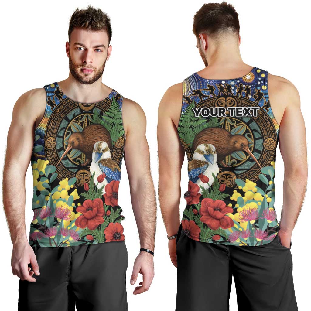 Kiwi-Kookaburra Bird ANZAC Personalised Men Tank Top Aussie Golden Wattle Poppy Flowers