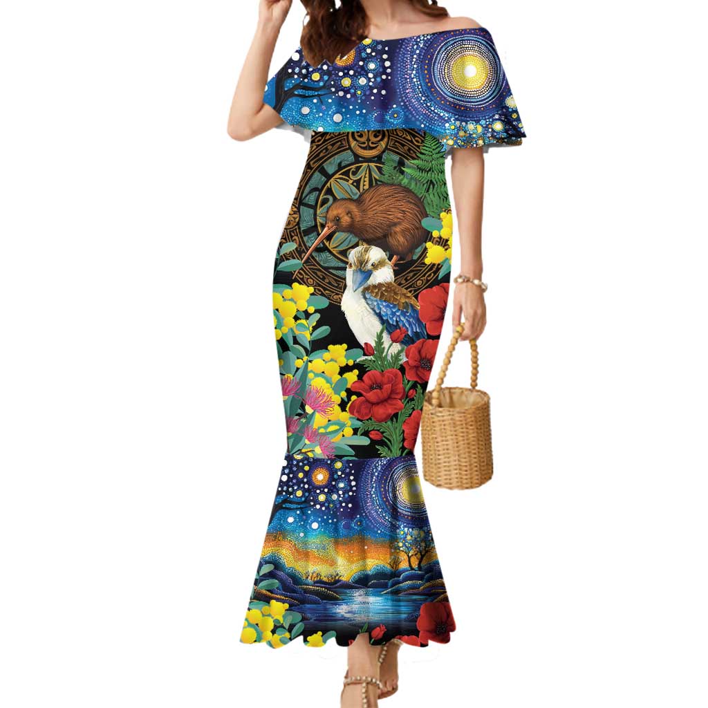 Kiwi-Kookaburra Bird ANZAC Personalised Mermaid Dress Aussie Golden Wattle Poppy Flowers