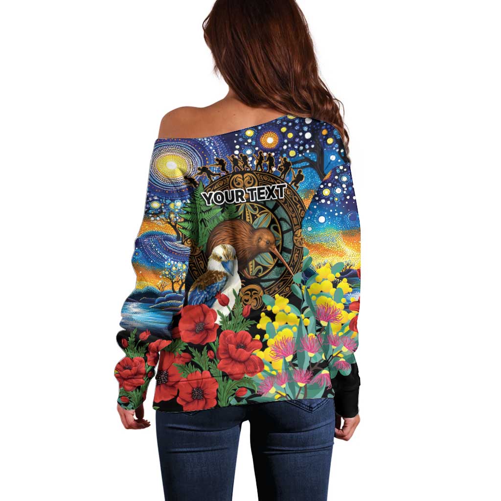 Kiwi-Kookaburra Bird ANZAC Personalised Off Shoulder Sweater Aussie Golden Wattle Poppy Flowers