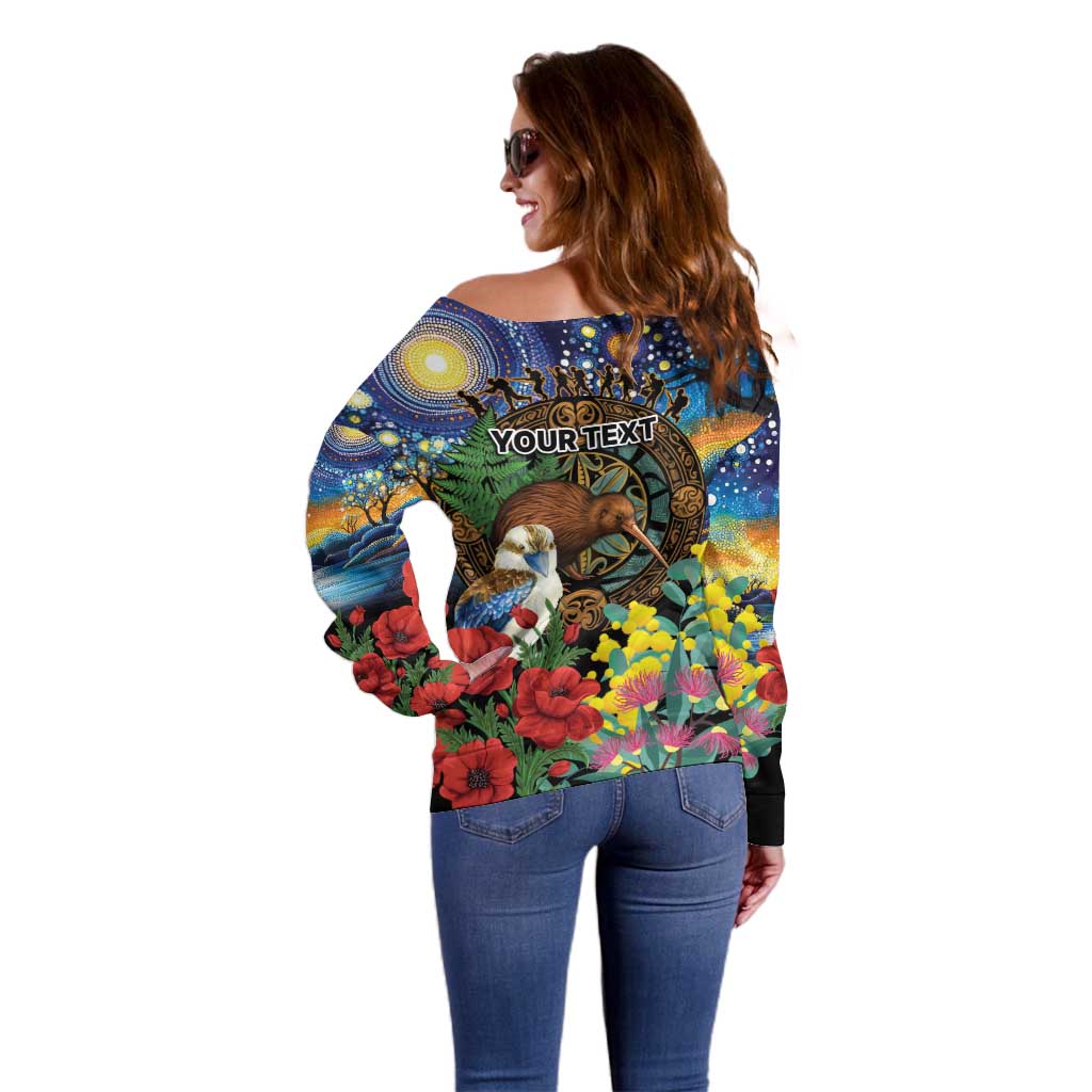 Kiwi-Kookaburra Bird ANZAC Personalised Off Shoulder Sweater Aussie Golden Wattle Poppy Flowers