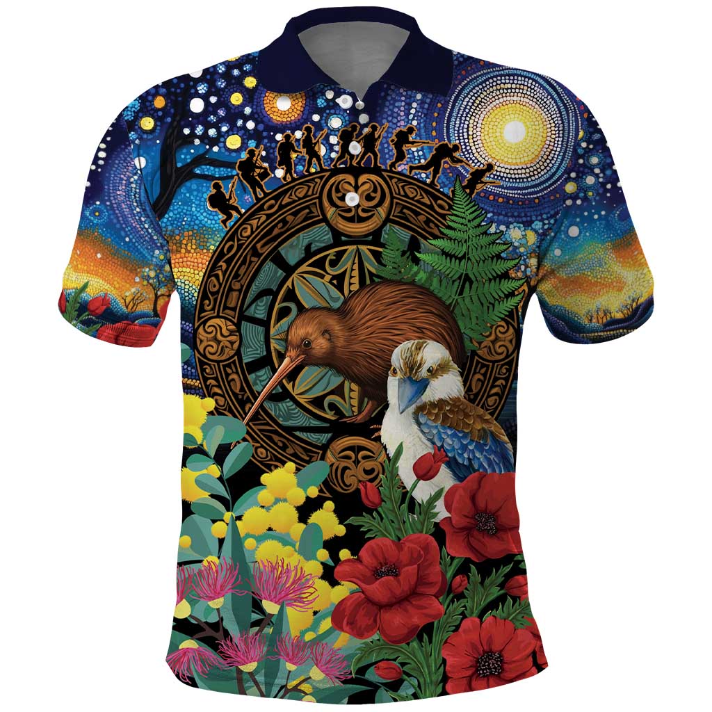 Kiwi-Kookaburra Bird ANZAC Personalised Polo Shirt Aussie Golden Wattle Poppy Flowers