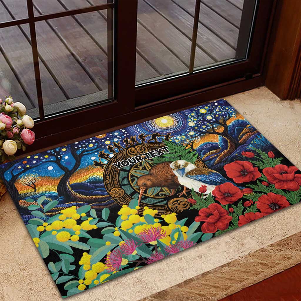 Kiwi-Kookaburra Bird ANZAC Personalised Rubber Doormat Aussie Golden Wattle Poppy Flowers