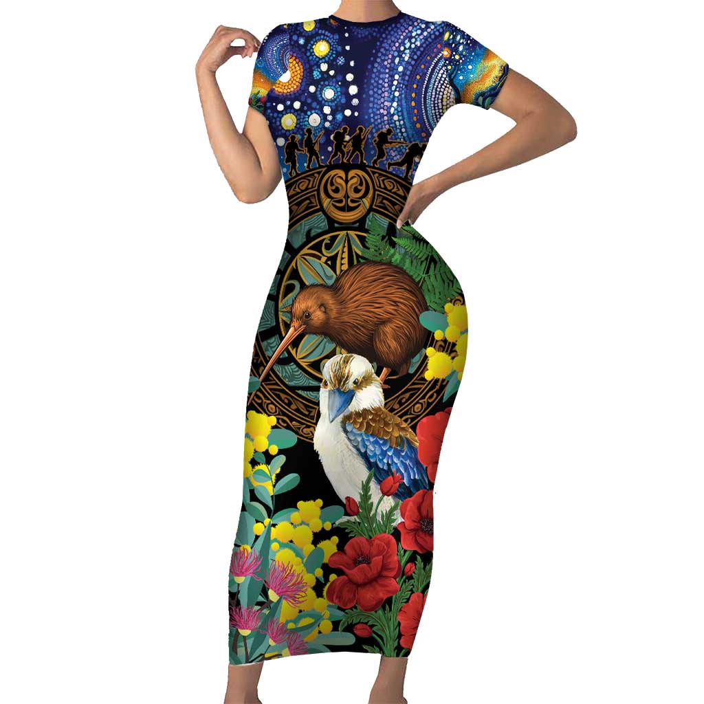 Kiwi-Kookaburra Bird ANZAC Personalised Short Sleeve Bodycon Dress Aussie Golden Wattle Poppy Flowers
