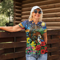 Kiwi-Kookaburra Bird ANZAC Personalised Women Polo Shirt Aussie Golden Wattle Poppy Flowers