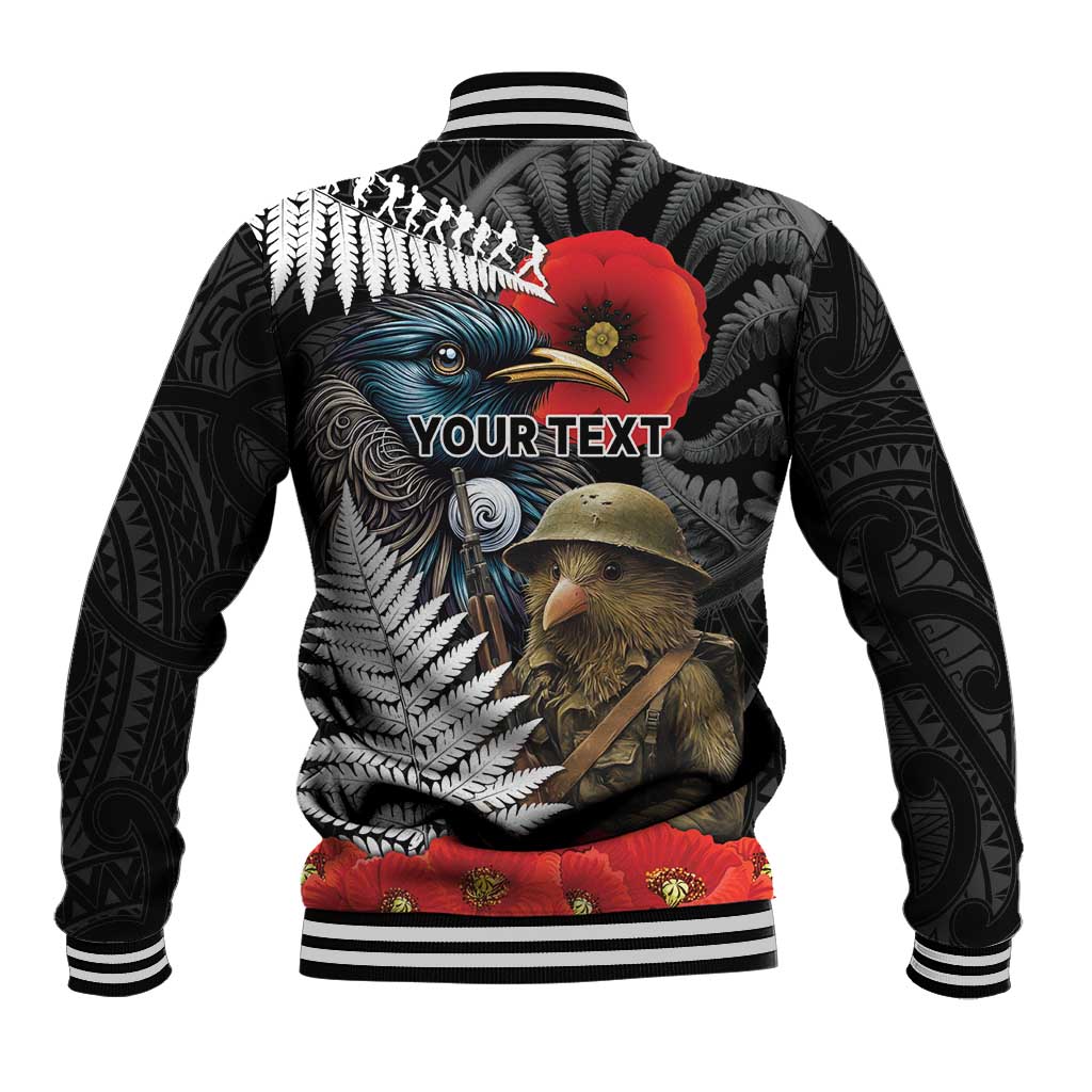 Kiwi-Tui Bird Soldier ANZAC Day Personalised Baseball Jacket Maori Silver Fern Motif