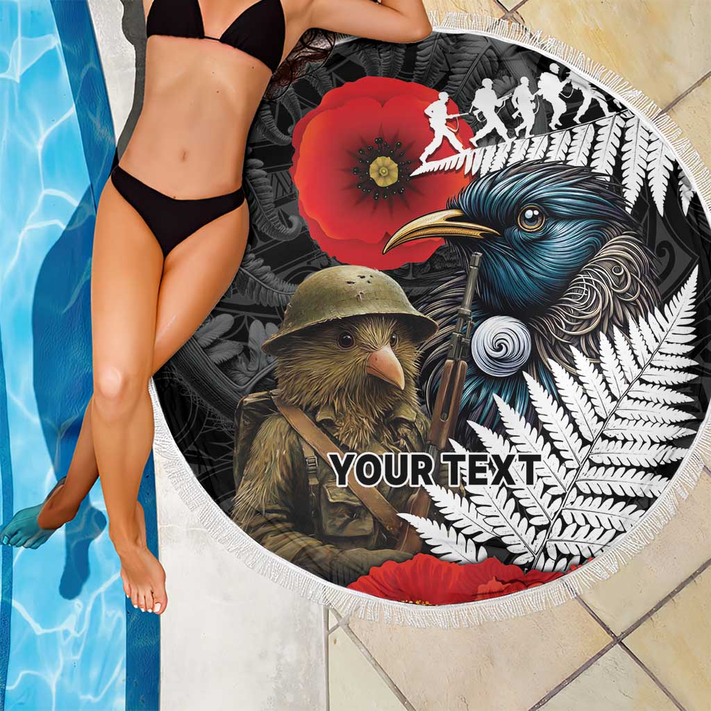 Kiwi-Tui Bird Soldier ANZAC Day Personalised Beach Blanket Maori Silver Fern Motif