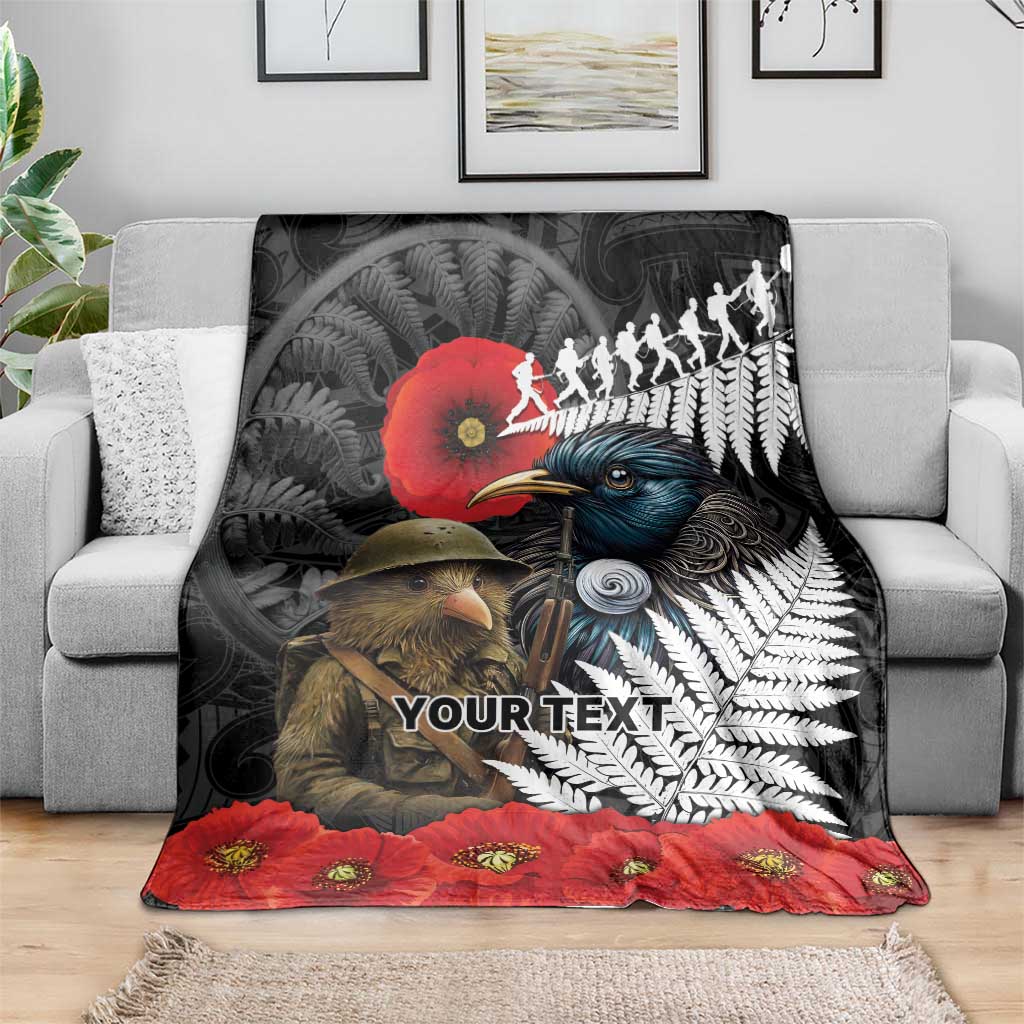 Kiwi-Tui Bird Soldier ANZAC Day Personalised Blanket Maori Silver Fern Motif