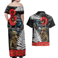 Kiwi-Tui Bird Soldier ANZAC Day Personalised Couples Matching Off Shoulder Maxi Dress and Hawaiian Shirt Maori Silver Fern Motif