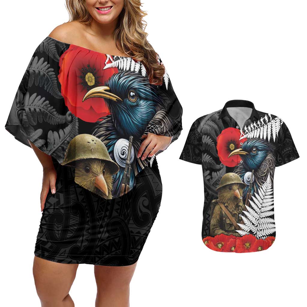 Kiwi-Tui Bird Soldier ANZAC Day Personalised Couples Matching Off Shoulder Short Dress and Hawaiian Shirt Maori Silver Fern Motif